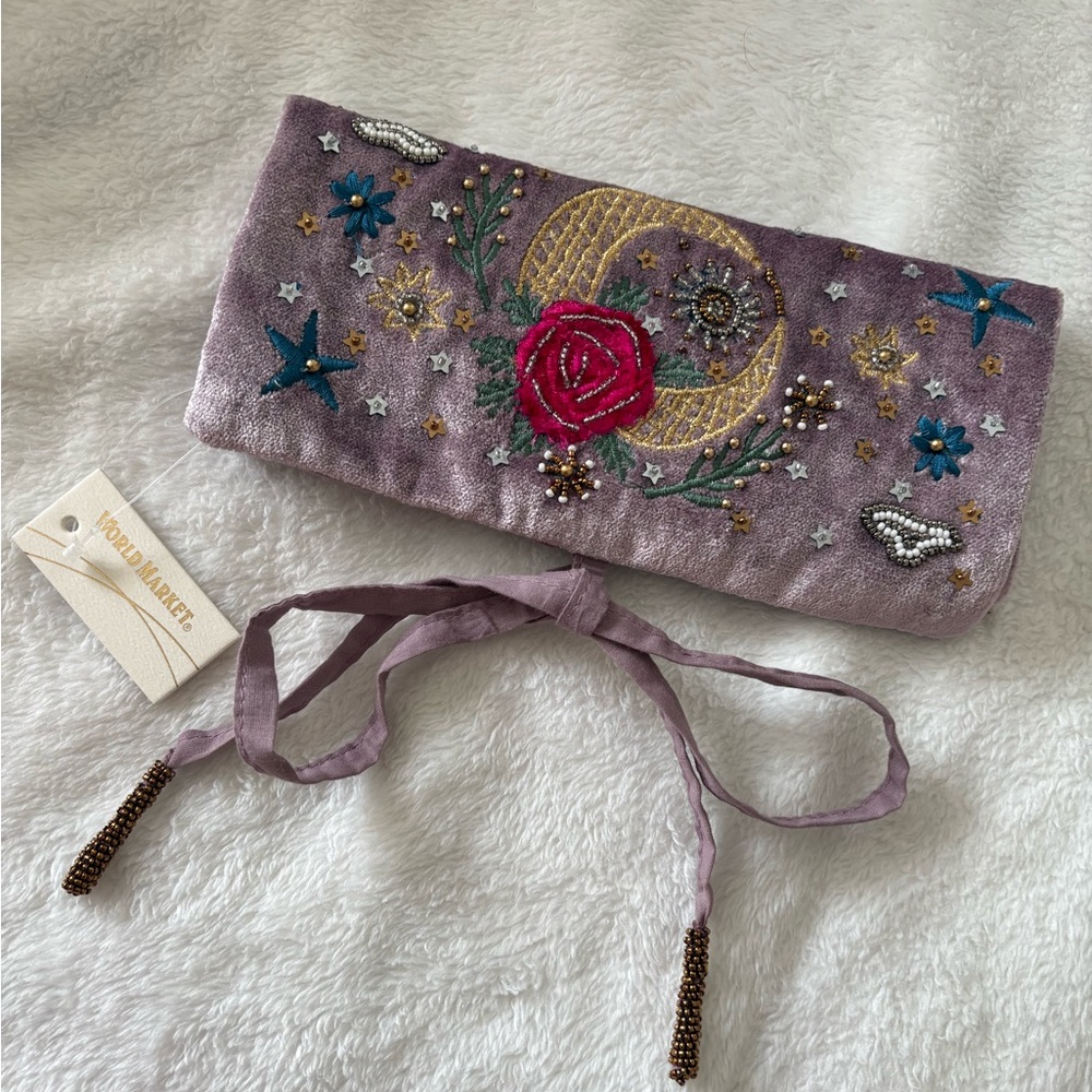 New World Market embroidered boho bohemian velvet clutch bag wallet w strap